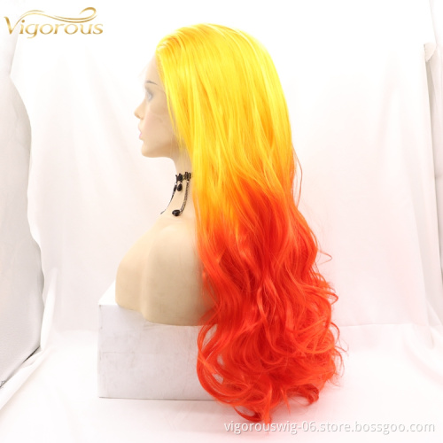 Vigorous Light Red Ombre Yellow Roots Lace Front Wigs with baby hair Pre Plucked for Women Long Body Wave Straight Wig